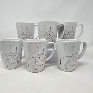 Corelle Coordinates Splendor Porcelain Mugs Set of 6 White Red Black Swirl